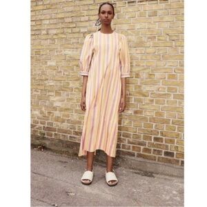Samsoe Celestina 100-% Cotton Poplin Puff Sleeve Striped Midi Dress S NWT